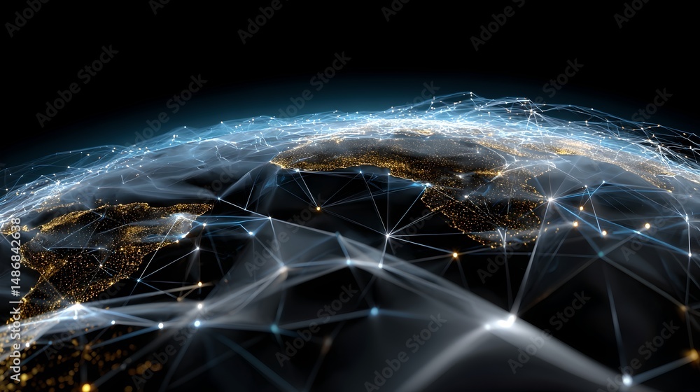 Poster earth surrounded by network of connected lines representing global communication systems