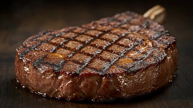 Grilled steak with crosshatch marks on a dark wooden surface  