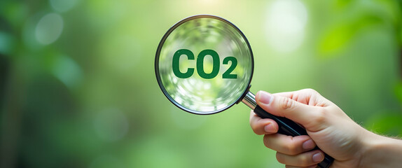 Hand Holding Magnifying Glass with CO2 Reduction Icon: Emphasizing Carbon Neutrality and Clean Environments to Combat Climate Change - Stock Photo Concept