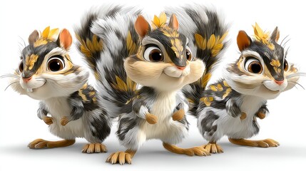 Fototapeta premium Adorable Three Chipmunks Cute Cartoon Squirrels AI Generated Clipart PNG White Bac