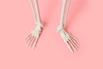 Legs of scary human skeleton on pink background