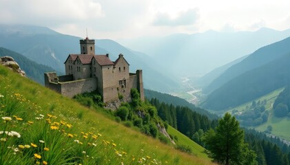 Fototapeta premium Ancient castle ruins overlooking misty Carpathian mountains , Ukraine, Romania