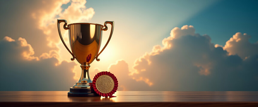 Photo realistic as Champions Cup with Badge and Certificate concept as A champions cup with a badge and a certificate set against a dreamy background offering ample space for text or graphics symboliz