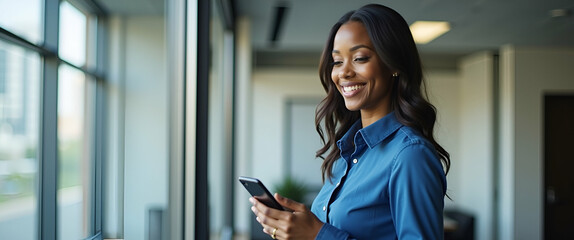 Young happy professional African American business woman company executive manager entrepreneur wearing blue shirt holding cellphone using mobile cell phone standing in office with smartphone in hand 