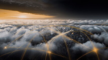 Aerial View Over Cityscape Surrounded by Clouds with Digital Connections and Sunset Glow in the Background