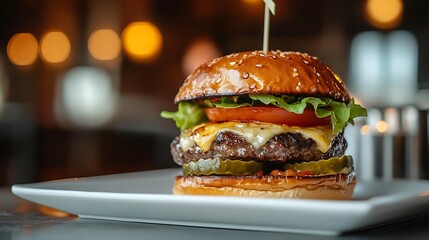 Juicy Cheeseburger with Lettuce, Tomato, and Pickles