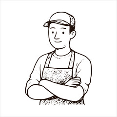 Hand-drawn sketch of a barista standing with arms crossed, ideal for cafe and hospitality designs. Black and white vector style, perfect for coffee culture and service branding