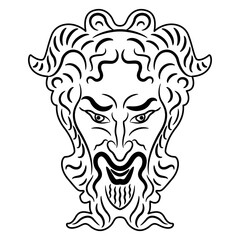 Head mask of antique horned god Pan or Satyr. Black and white linear silhouette.