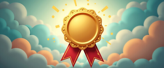 Photo Realistic Gold Medal with Ribbon and Badge Concept - A Stunning Visual of Achievement and Rewards Set Against a Whimsical Background for Stock Photography.