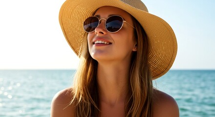 Lifestyle photo of a young woman enjoying a sunny beach day with sunglasses and a wide-brimmed hat