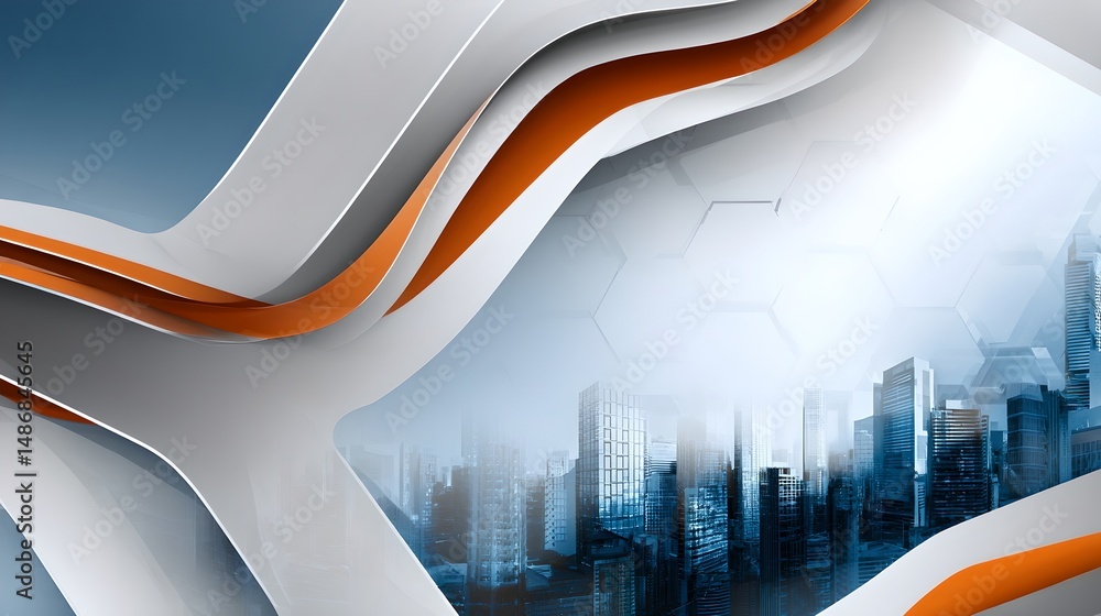 Poster cityscape featuring buildings outlined with orange lines creating a unique visual effect