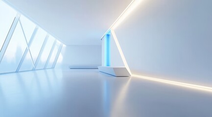 Obraz premium Futuristic minimalist interior with glowing lines and large windows
