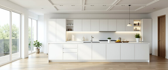 Modern White Kitchen with Wood Floor, Recessed Lighting, Balcony View - Spacious Design with Empty Space on Left for Customization - Ideal for Stock Photography