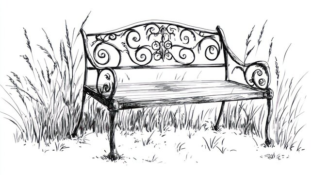 Ornate park bench in grassy meadow, sketch style, outdoor scene, design, illustration, print, for wallpaper