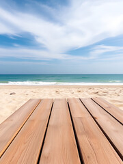 Fototapeta premium Wooden floor or plank on sand beach in summer. For product display.Calm Sea and Blue Sky Background.