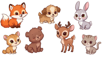 Obraz premium A set of adorable cartoon woodland creatures are depicted in a row on a white background.