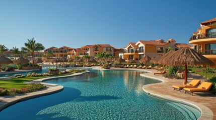 Fototapeta premium Luxury resort pool and villas sunny daytime vacation scene