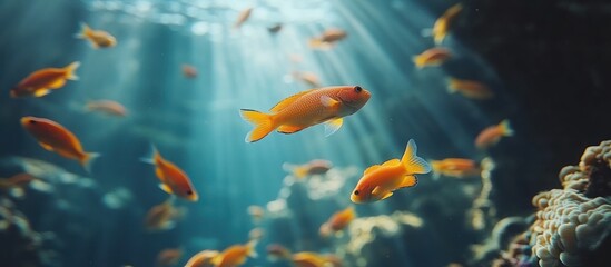 Vibrant orange fish swim in sunlit underwater coral reef.