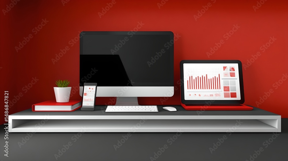 Poster modern workspace featuring a computer monitor and mouse on a stylish desk for productivity