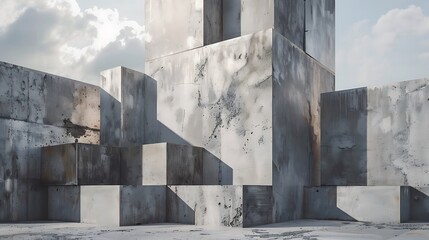 Abstract Composition Of Gray Concrete Blocks Against Cloudy Sky Background