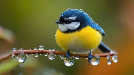 A vibrant blue and yellow bird perched on a rain-kissed branch, showcasing the beauty of nature's delicate details.
