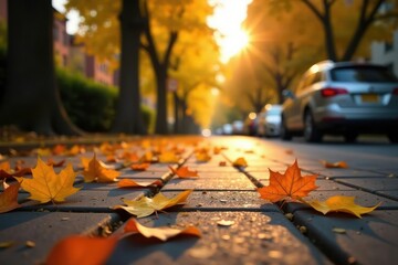 Autumn leaves falling on pavement, late afternoon light, nature, late season, brown