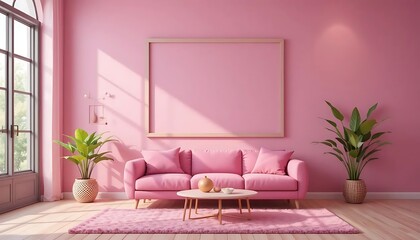 Modern monochromatic living room with pink sofa and interior decorations