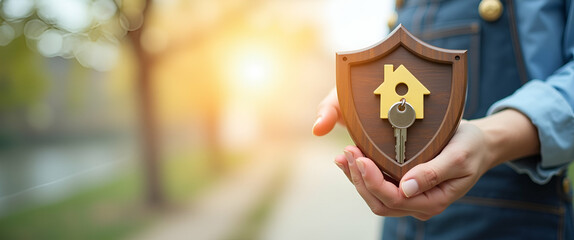 Homeowner with Keys and Shield: A Photo Realistic Image Symbolizing Home Protection and Security for Insurance Advertisements in a Whimsical Background