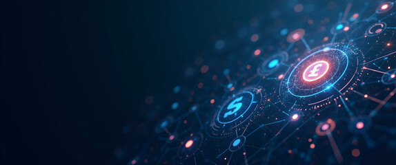 Contemporary Wallpaper Design: Abstract Visuals with Digital Grids & Currency Icons for Fintech Integration - Ideal for Corporate Text Overlays