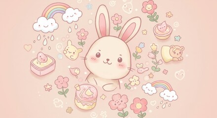 Charming Easter Bunny Illustration with Rainbow and Floral Accents for Children