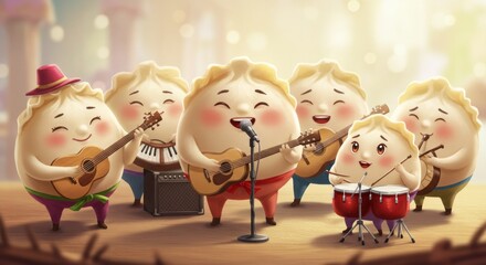 Fototapeta premium Charming dumpling characters forming musical band on stage for performance