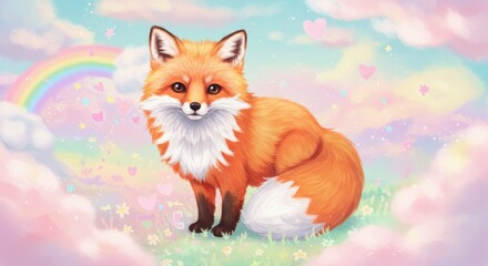 Obraz premium Charming fox illustration with pastel colors, rainbow and playful elements