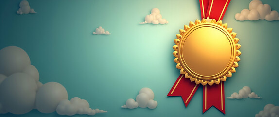 Photo Realistic Gold Medal with Ribbon and Badge Concept: A Stunning Visual Representation of Achievement and Rewards, Perfect for Stock Photos, Featuring Ample Space for Custom Text and Graphics