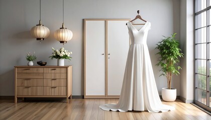 Elegant white wedding dress hanging in a stylish bedroom, showcasing a sophisticated interior design, with decorative elements and natural light.