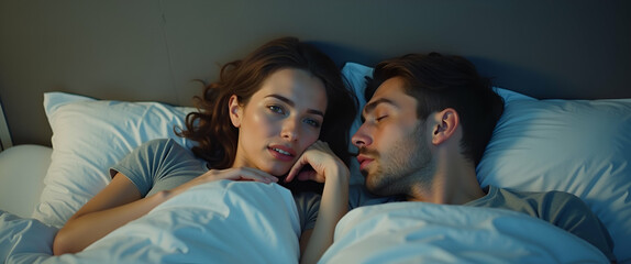 Young Woman Bored While Boyfriend Snores: Illustrating Relationship Dynamics and Frustration in Intimate Settings - Photo Stock Concept with Empty Space on the Left Side