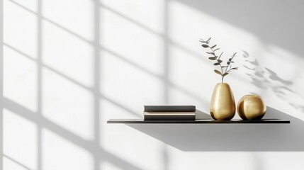 Minimalist home decor gold vases eucalyptus and book on shelf