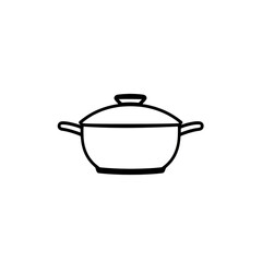 Minimal icon of a cooking pot with lid and side handles in bold black outline on a plain background 