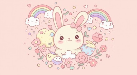 Charming whimsical illustration featuring a delightful bunny and pastel elements