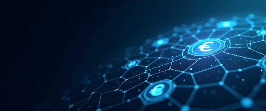 Contemporary Abstract Wallpaper Design with Dynamic Digital Grids & Futuristic Currency Icons for Fintech Integration - Ample Space for Corporate Text Overlays