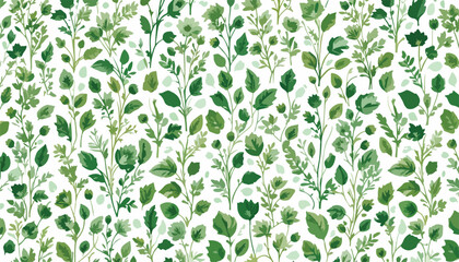 This image depicts a seamless pattern with various types of greenery, including leaves, sprigs, and flowers, on a white background. © Ahmad