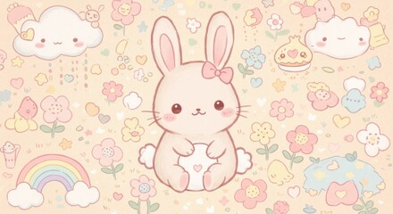 Cute Kawaii Bunny surrounded by charming elements and pastel color palette