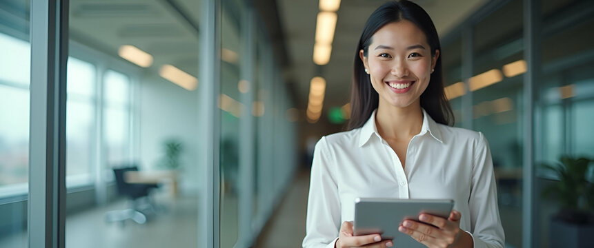 Happy Young Asian Saleswoman Welcomes Client with Digital Tablet in Office - Professional Business Services Portrait with Empty Space for Text