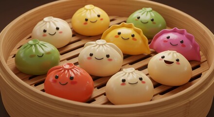 Delightful cartoon dim sum assortment in bamboo steamer with happy expressions