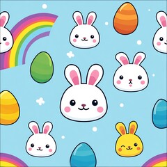 Easter bunny heads with rainbow and eggs