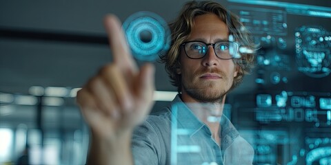 A confident businessman in a modern office, extending his finger towards a floating AI hologram displaying global trade regulations and compliance icons.