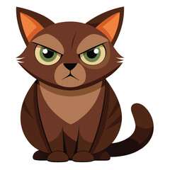 A brown, grumpy-looking cat with a flat face and short ears sits facing forward with white background.