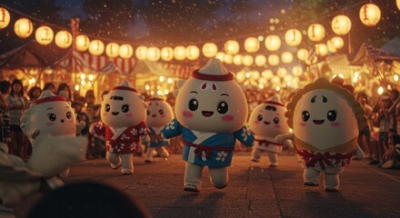Festive procession of character mascots at a Japanese summer festival