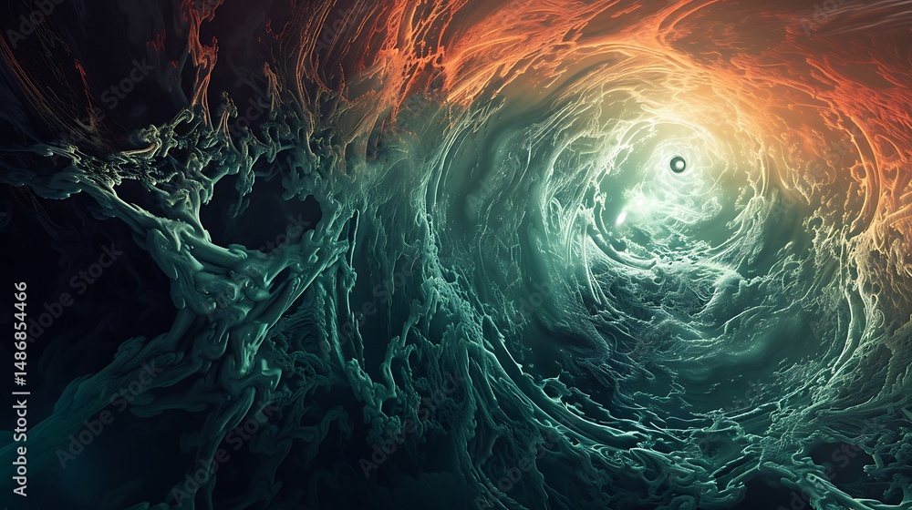 Poster abstract digital artwork of a tunnel with dynamic fractal forms and glowing lights