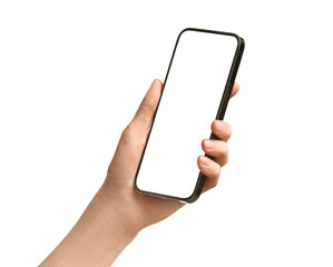 Female hand with blank mobile phone on white background