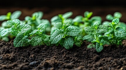 Fresh mint sprouts in soil.